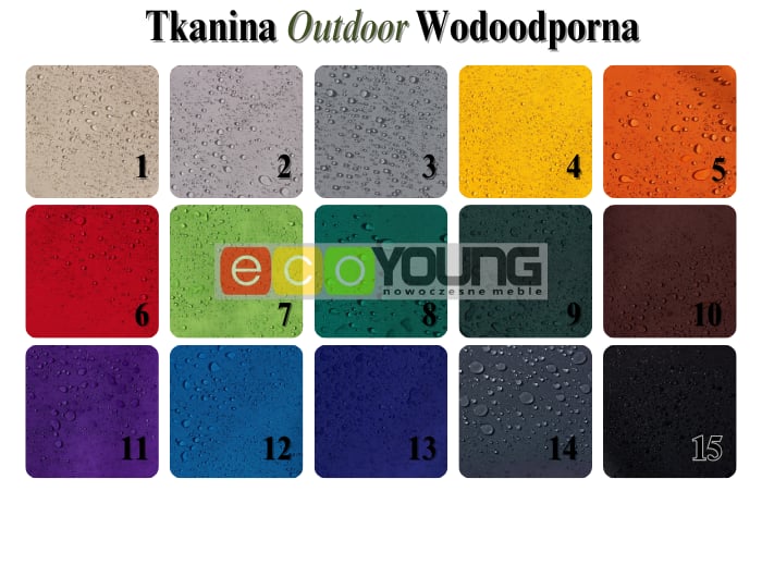 Wzornik kolorów wodoodpornych tkanin Outdoor marki EcoYoung, idealnych do mebli ogrodowych – szeroka gama odcieni.