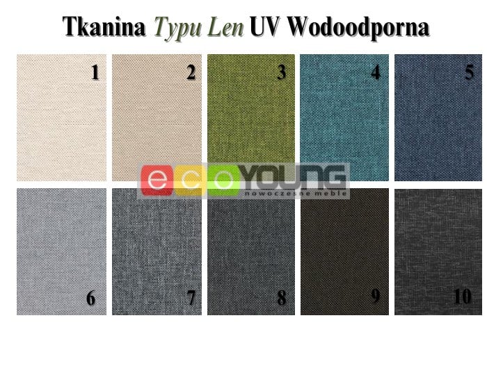 Próbnik kolorów tkaniny typu len UV – wodoodporne materiały outdoorowe od EcoYoung. Dziesięć odcieni w tym beż, szarości, błękity, zieleń i grafit.