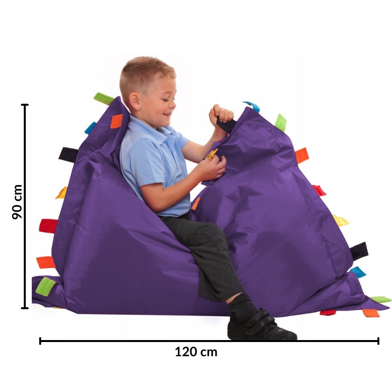 Grafika przedstawiająca wymiary fioletowej pufy sensorycznej 90 x 120 cm.