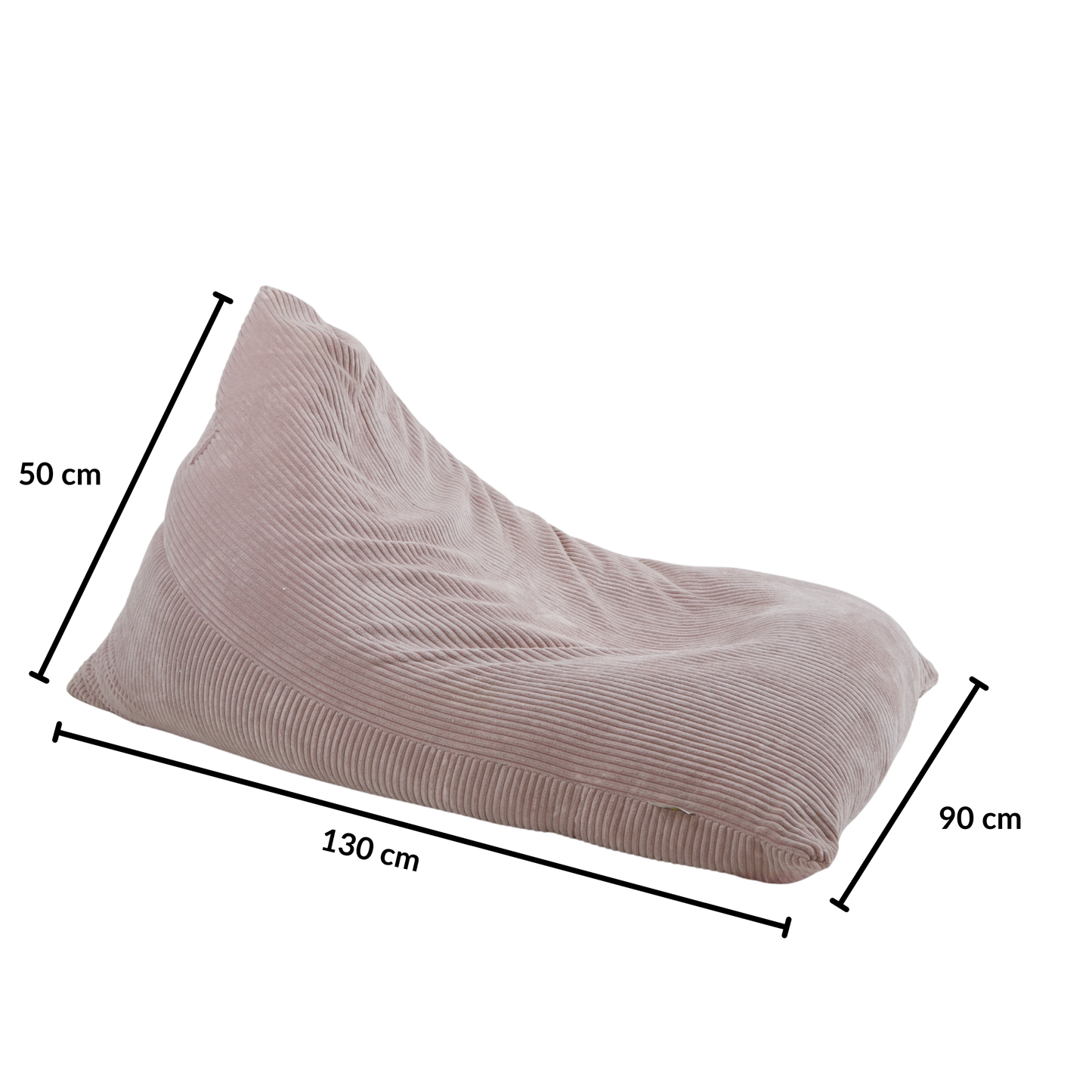 Grafika przedstawiająca wymiary sztruksowej pufy-poduchy Joy 90x50x130 cm.