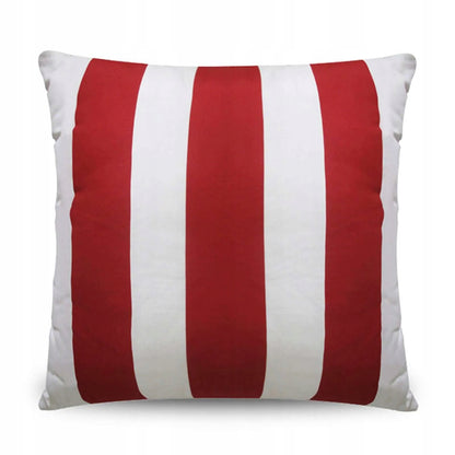 Poduszka w biało-czerwone paski z wodoodpornej tkaniny outdoor, wypchana kulką silikonową.