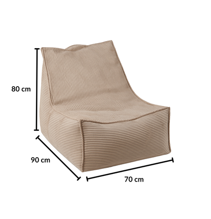 Grafika przedstawiająca wymiary sztruksowego fotela LENO w kolorze beżowym. 