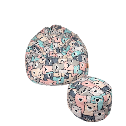 Zestaw puf wypchanych granulatem dla dziecka, fotel + pufa. We wzorze z kolorowymi misiami. 