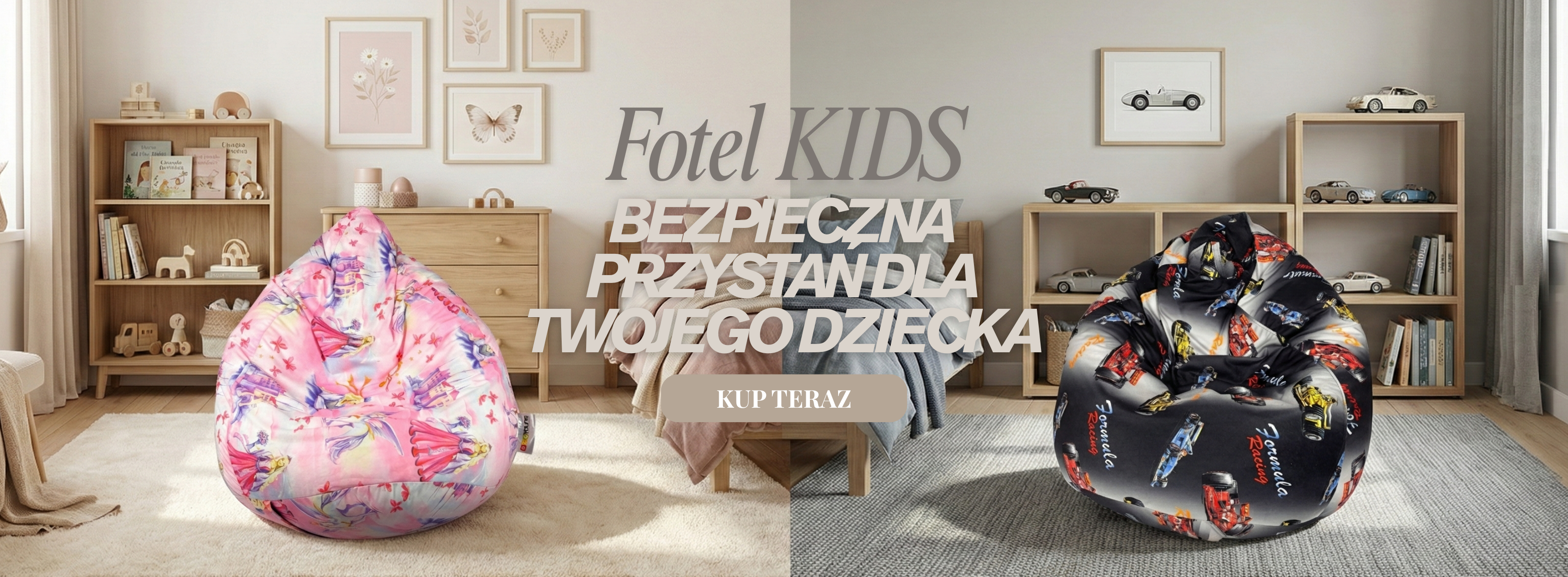 Szeroki baner Fotel KIDS: pokój dziecięcy podzielony na dwie części, po lewej różowa pufa, po prawej czarna pufa z autami.