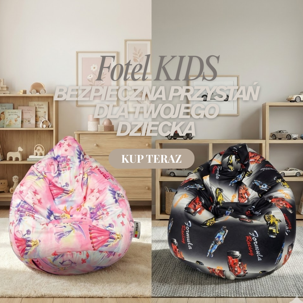 Baner Fotel KIDS: dwa fotele-pufy w pokoju dziecięcym - różowy w bajkowe wzory i czarny z motywem aut wyścigowych.