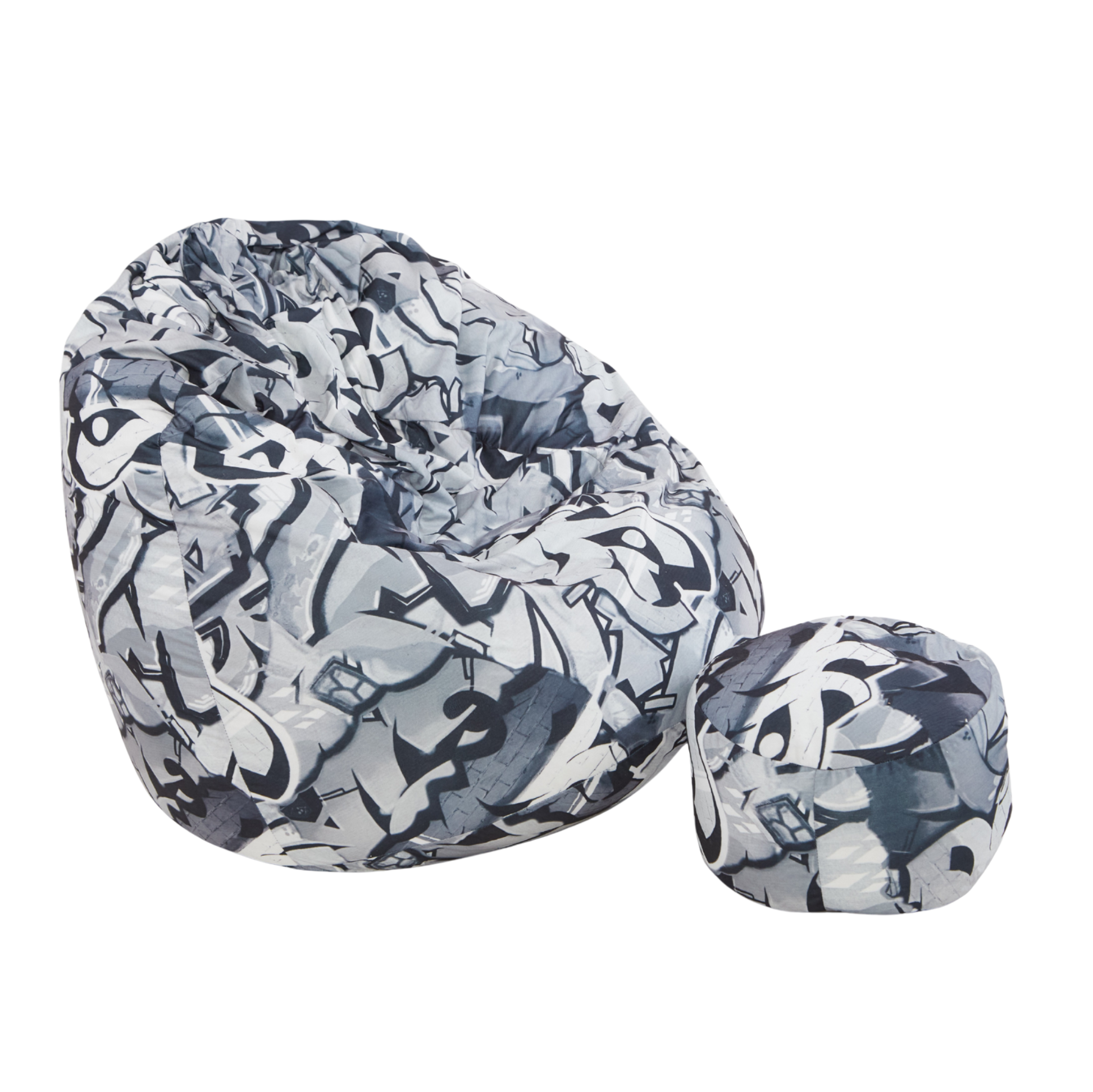Zestaw Fotel + Pufa we wzorze w szare grafitti. Wykonany z tkaniny drukowanej i wypełnione granulatem styropianowym.