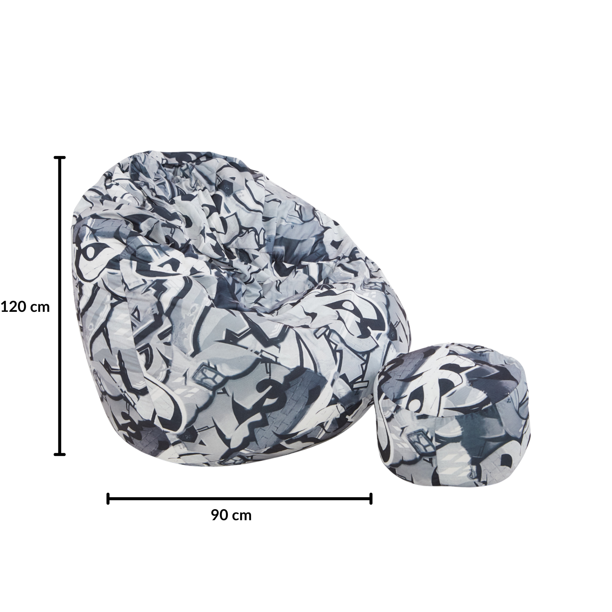 Grafika przestawiająca wymiar fotela sako ze wzorem w szare graffiti. 