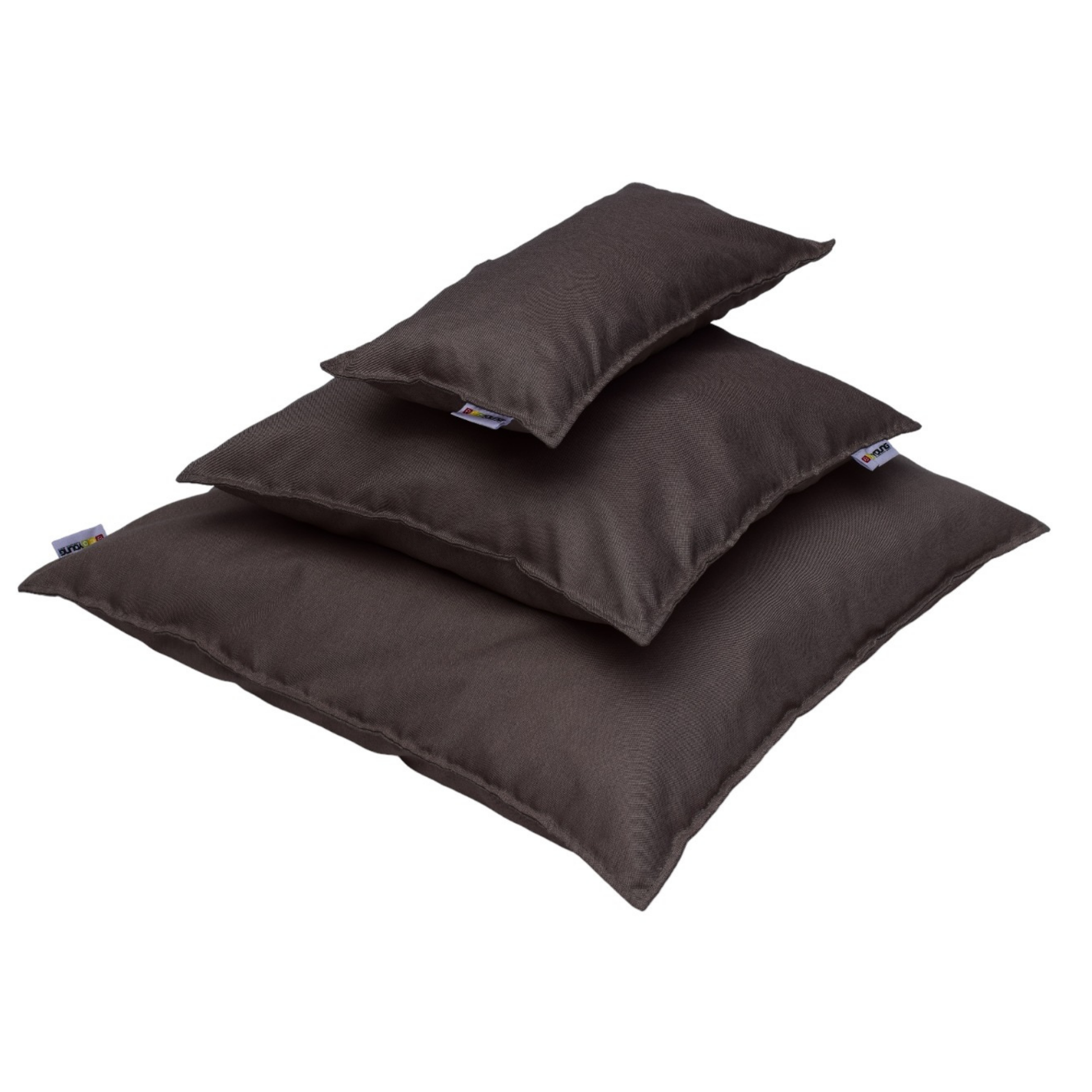 Zestaw wodoodpornych poduszek w różnych rozmiarach, z tkaniny imitującej len.