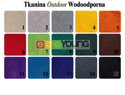 Wzornik kolorów wodoodpornych tkanin Outdoor marki EcoYoung, idealnych do mebli ogrodowych – szeroka gama odcieni.
