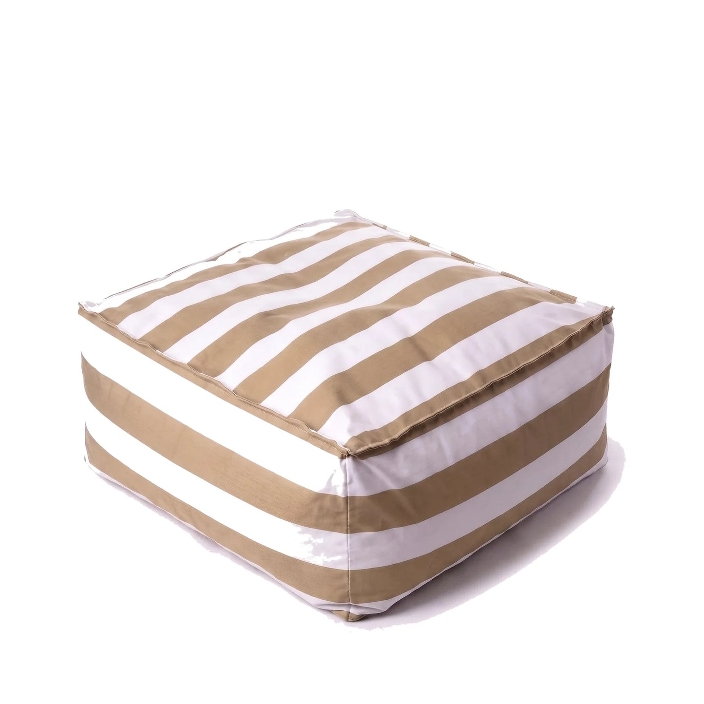 Pufa Stripe Maxi w pasy biało-beżowe, podnóżek i siedzisko z tkaniny wodoodpornej, 70 x 70 x 38 cm