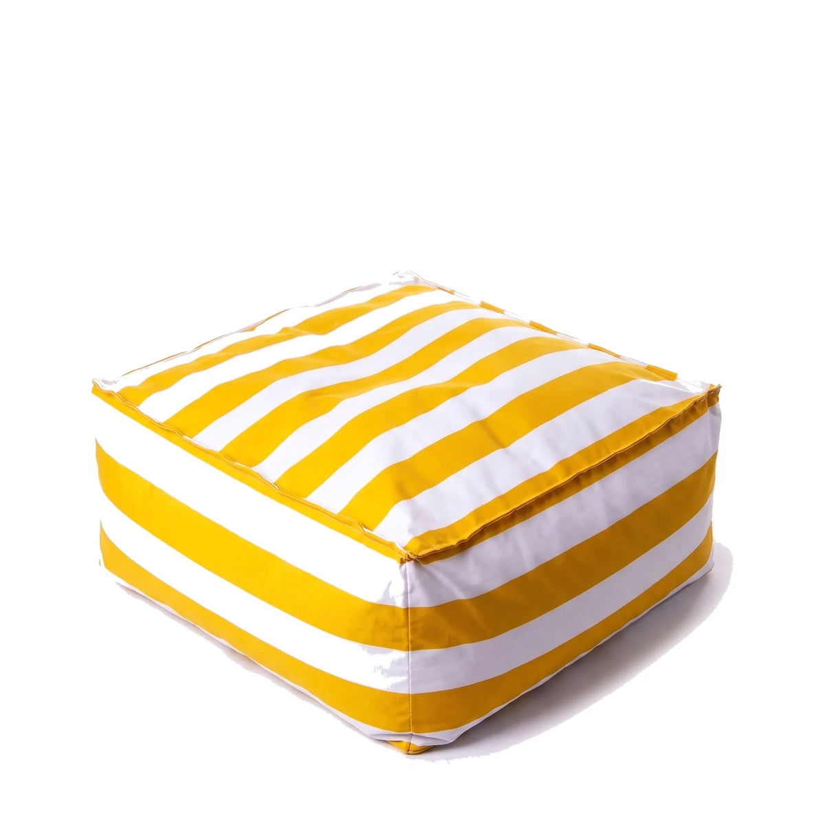 Pufa Stripe Maxi w pasy biało-żółte, podnóżek i siedzisko z tkaniny wodoodpornej, 70 x 70 x 38 cm